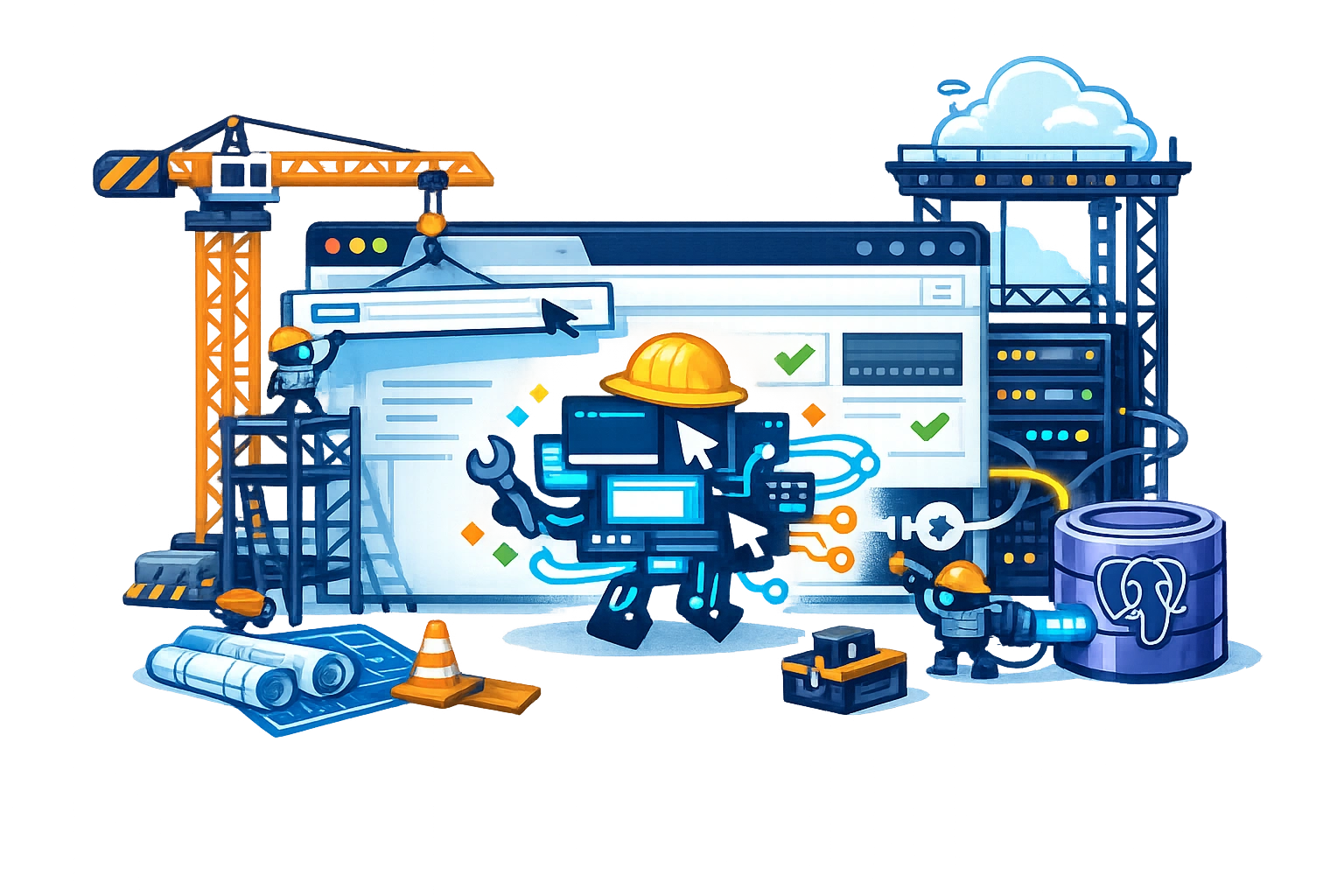 An agent construction crew assembling a website, wiring it to a PostgreSQL database and lifting the finished page into the cloud.